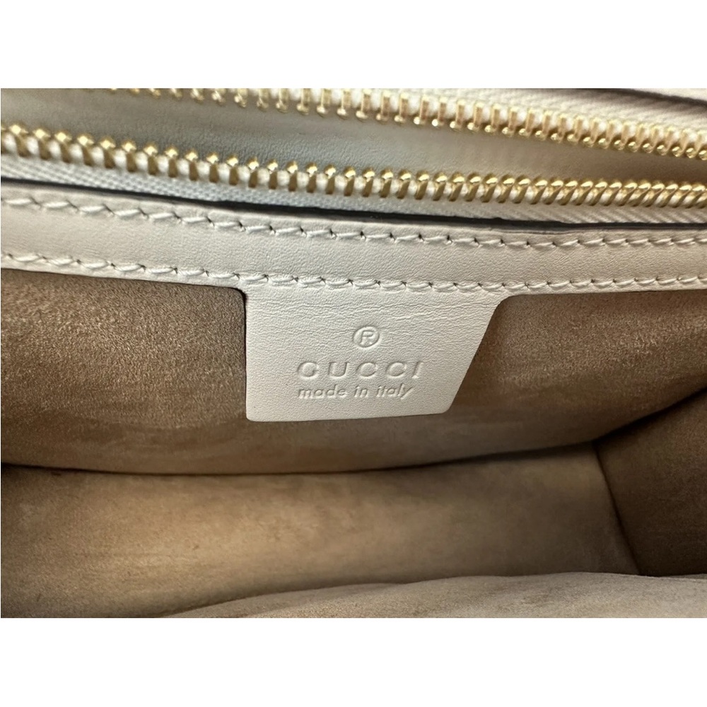 SOLD-Gucci Sylvie Leather Shoulder Bag White Embroidered Web Strap 10"x6.5" - Picture 10 of 15